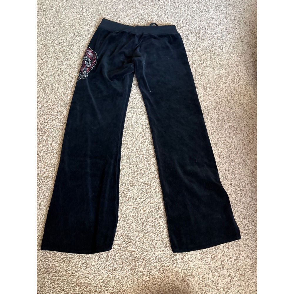 Ankh Royalty Y2K Black Velour Rhinestone Fleur De Lis Track Pants Women Small - Picture 3 of 5